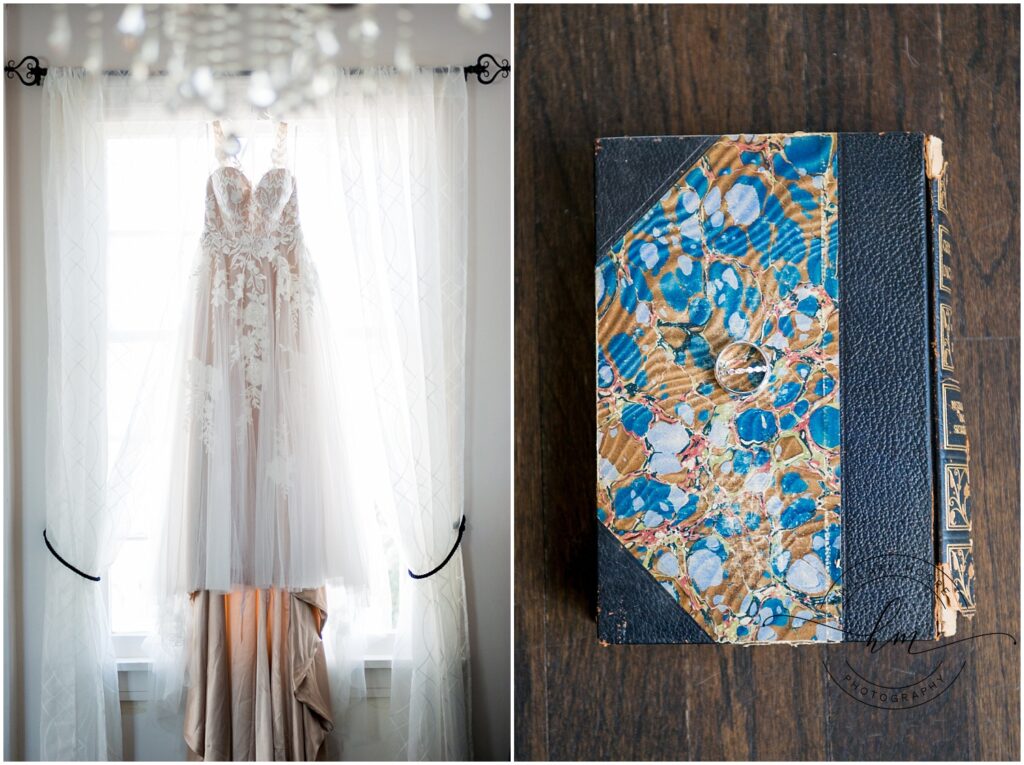 The left image shows the brides wedding dress hanging with a window behind. The right image shows a book with a ring on top.