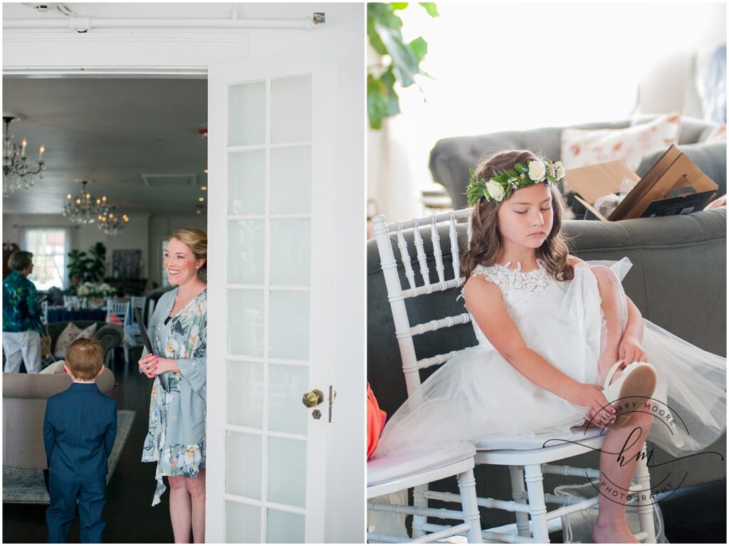 The left image shows the bride pre-wedding with her robe on in a door way. The right image shows a flower girl in a white dress putting her shoes on.