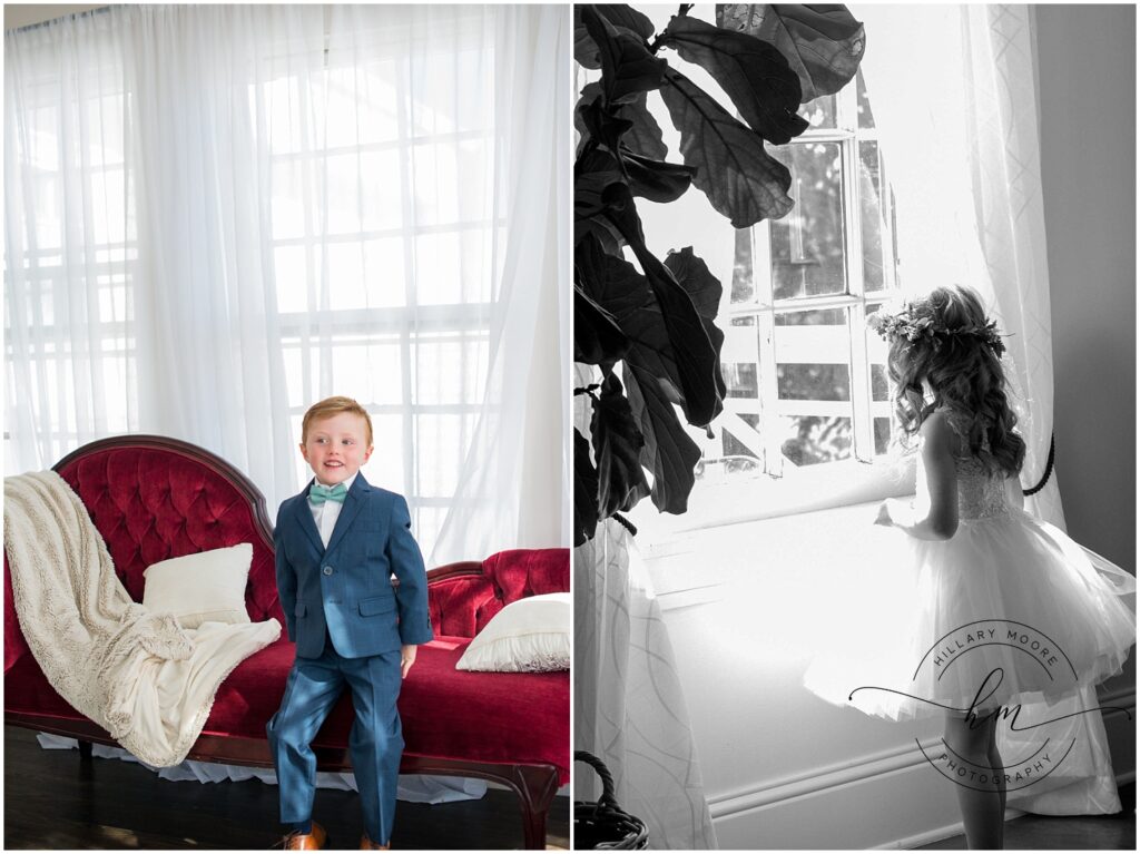 The left image shows a little boy dressed in a blue suit with a bow tie on. The right image is a black and white photo of the flower girl looking out a window.