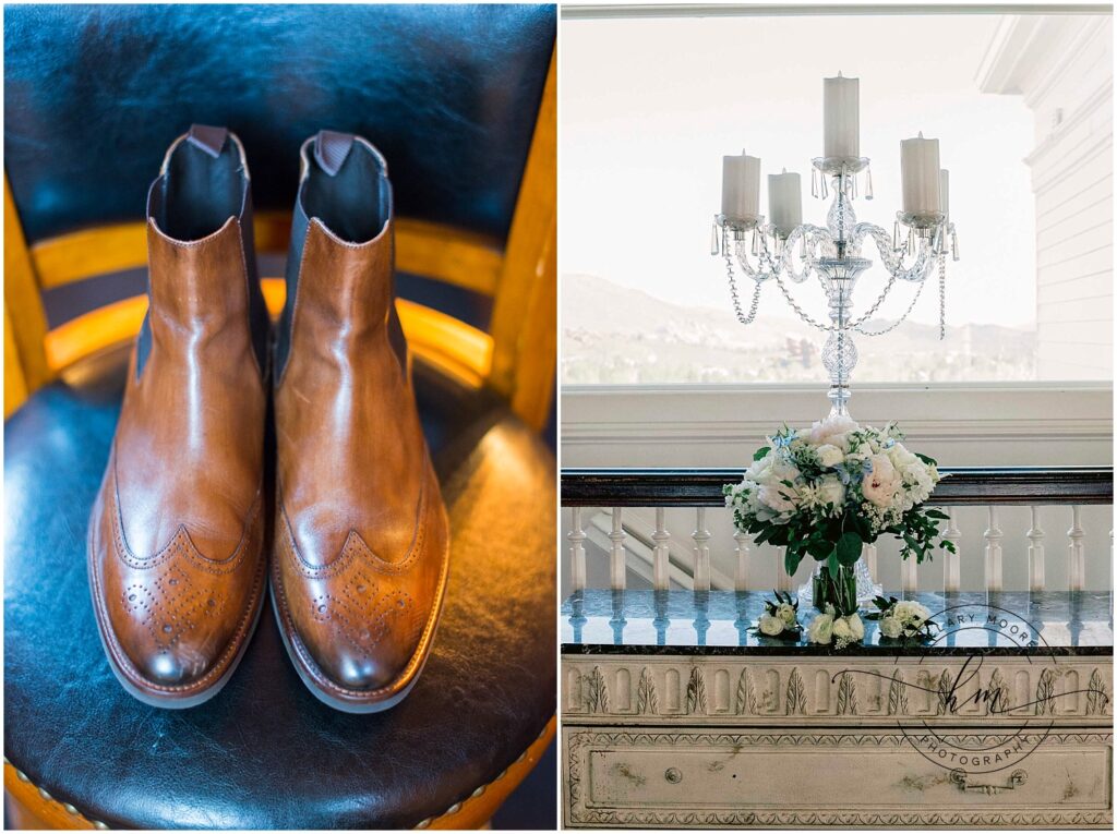 Grooms dress boots on a chair and a separate image of a candle chandelier centerpiece.