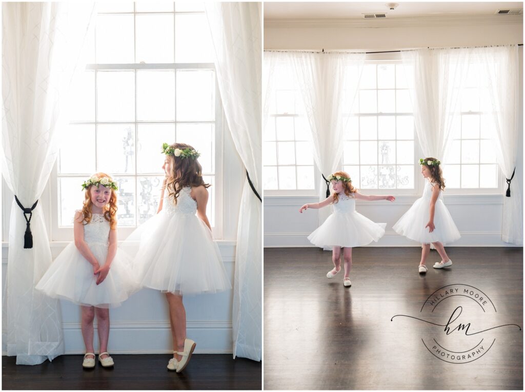 The left image is of the flower girls by a window in white dresses. The right image is of the flower girls spinning around an open room in their white dresses.