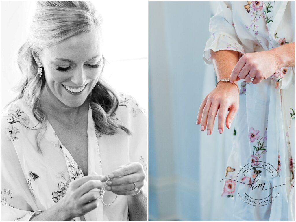 The left image is a black and white photo of the bride smiling. The right image is of the bride adjusting a bracelet as she gets ready before the wedding.