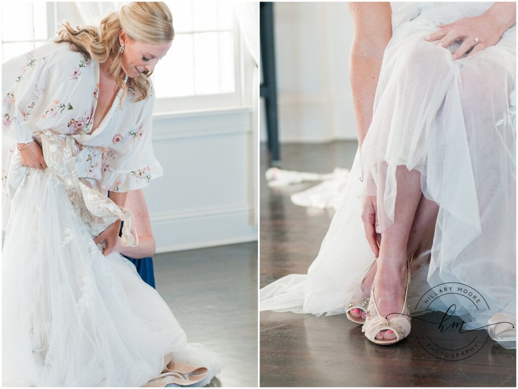 Two images of the bride putting her heels on before the wedding.