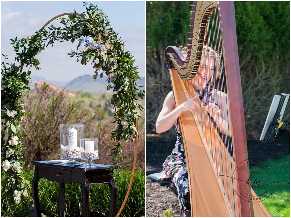 The left image shows the candles at the alter outside. The right image shows a woman playing the harp.