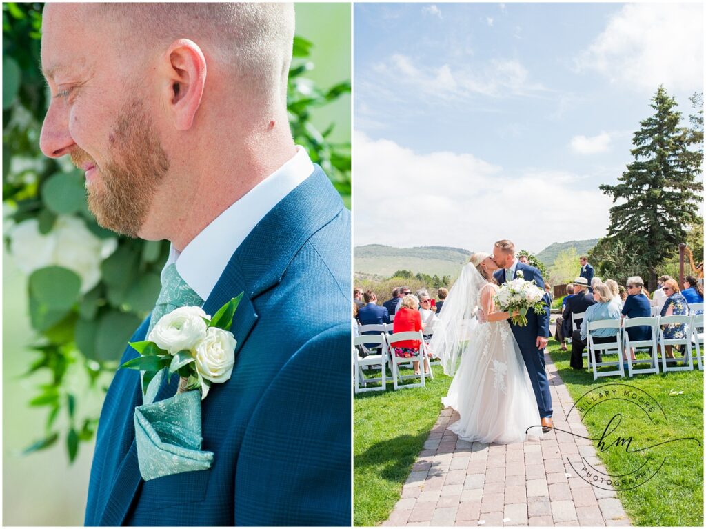 The left image shows the groom smiling. The right photo shows the bride and groom kissing at their wedding ceremony.