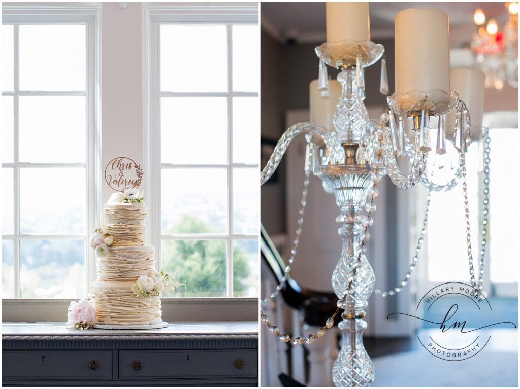 The left photo shows the wedding cake, a large stack of crepes. The right photo shows a close up of  a crystal tabletop candle chandelier.