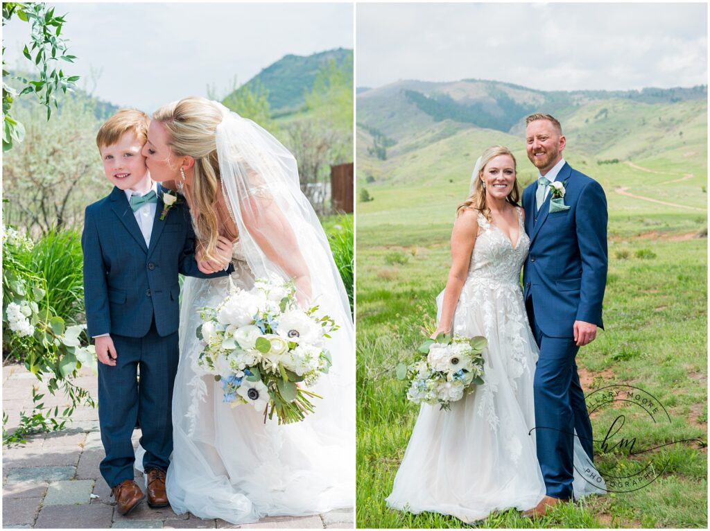 The left photo is the bride kissing the cheek of the ring bearer. The right photo is the bride and groom posing with a green mountain background.