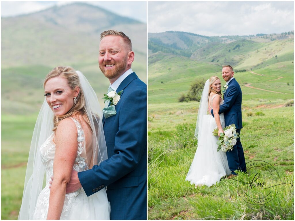 The bride and groom smiling. 