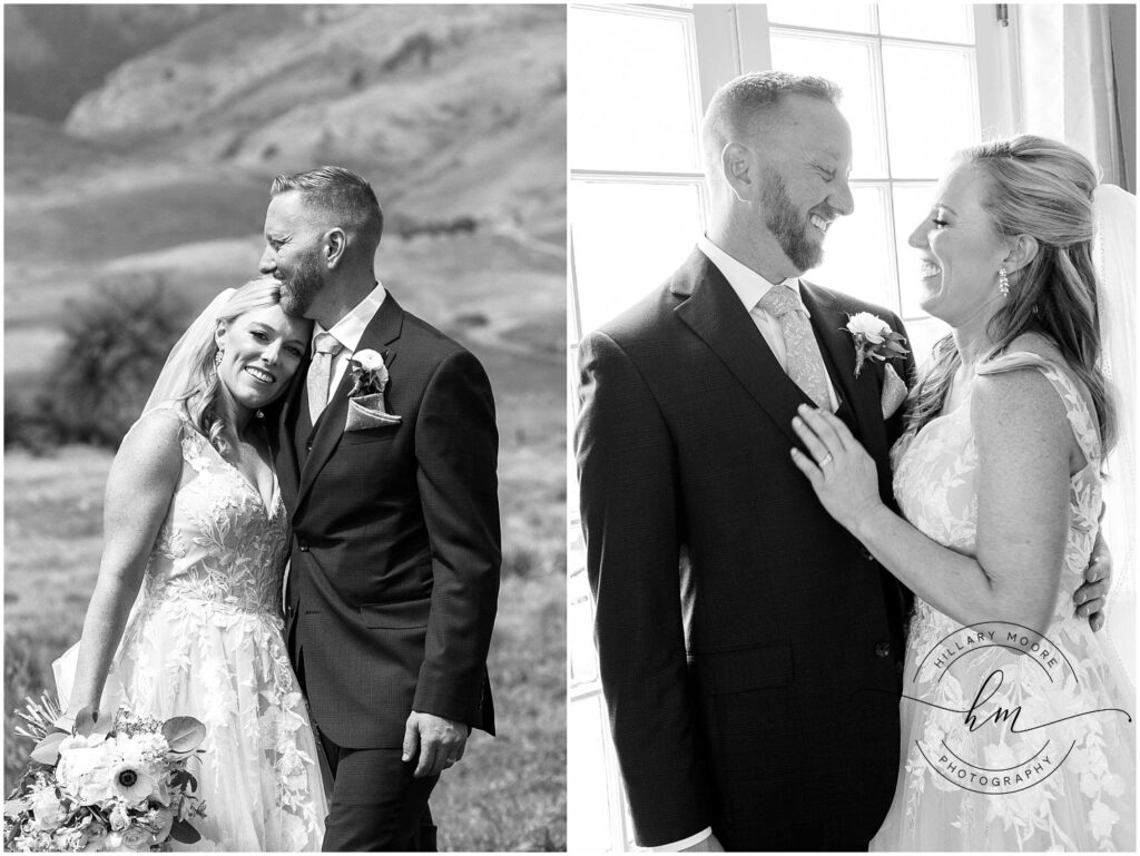 Black and white photos of the bride and groom looking at each other and smiling.