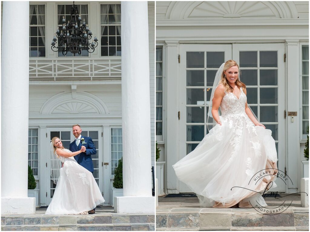 Groom dipping the bride as the pose and a photo of the bride holding her dress up to walk.