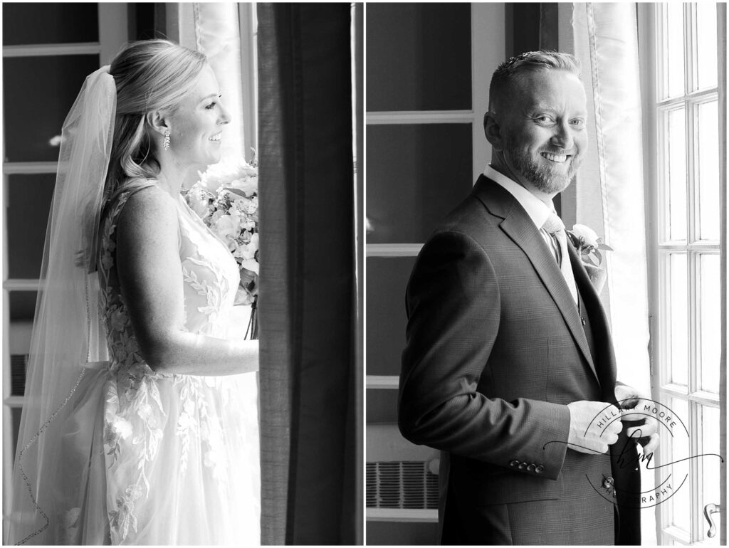 The bride and groom in separate photos looking out a window smiling.