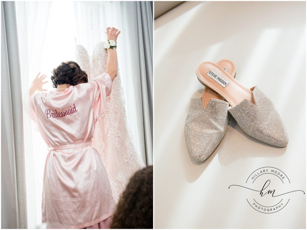 Bridesmaid hanging up dress and the brides ceremony shoes.