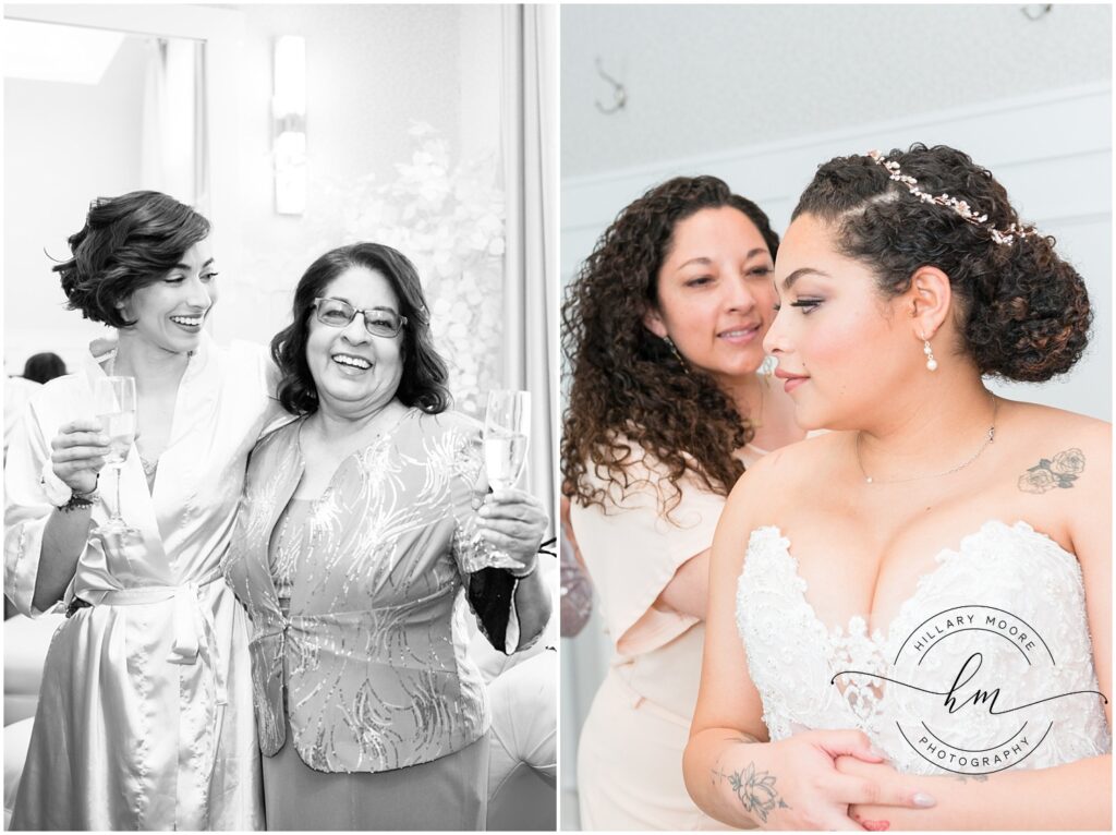 Bridesmaid and bride with their moms.