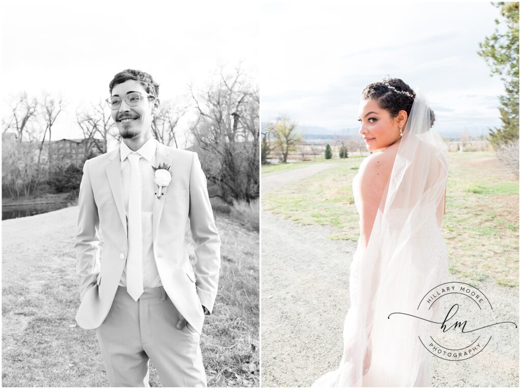 Groom in black and white. Bride posing over her shoulder.