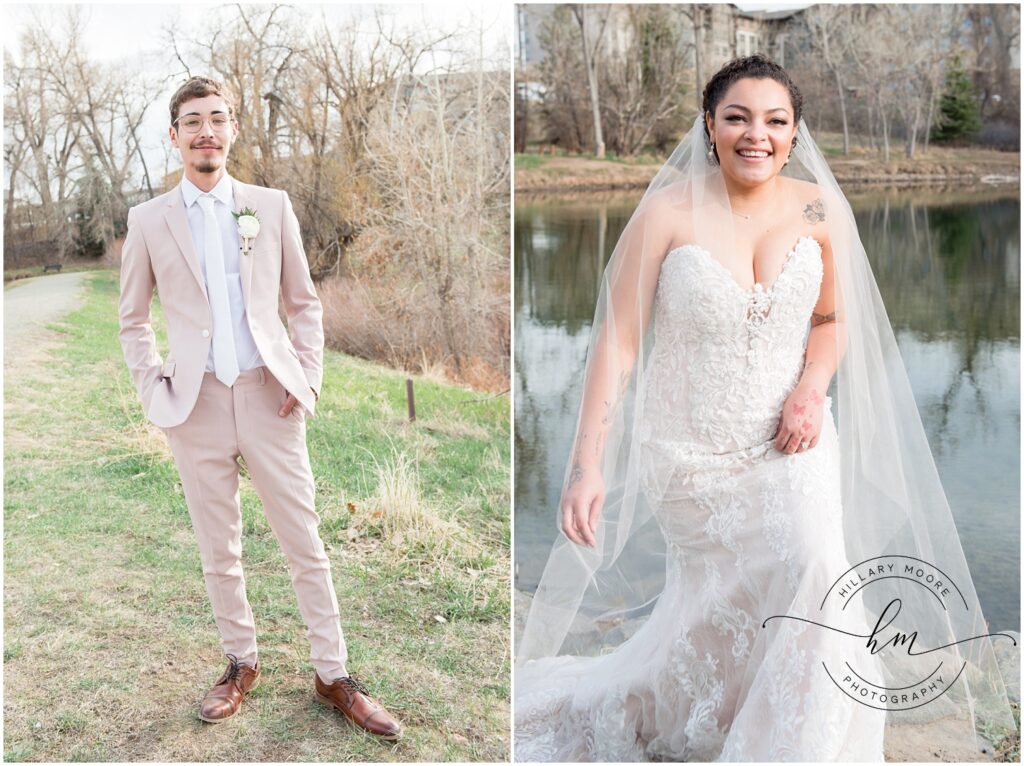 Groom standing on the grass smiling. Bride laughing by the pond.