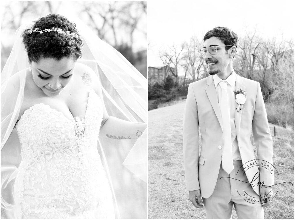 Bride and groom in self black and white portraits.