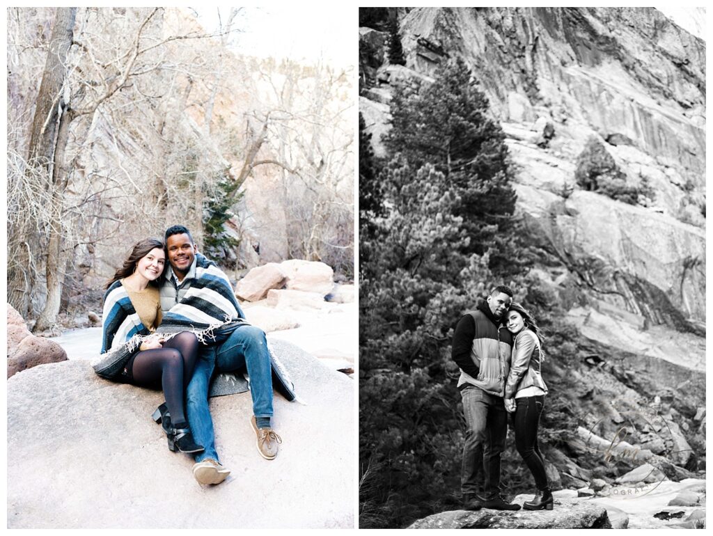 wedding couple posing on rock