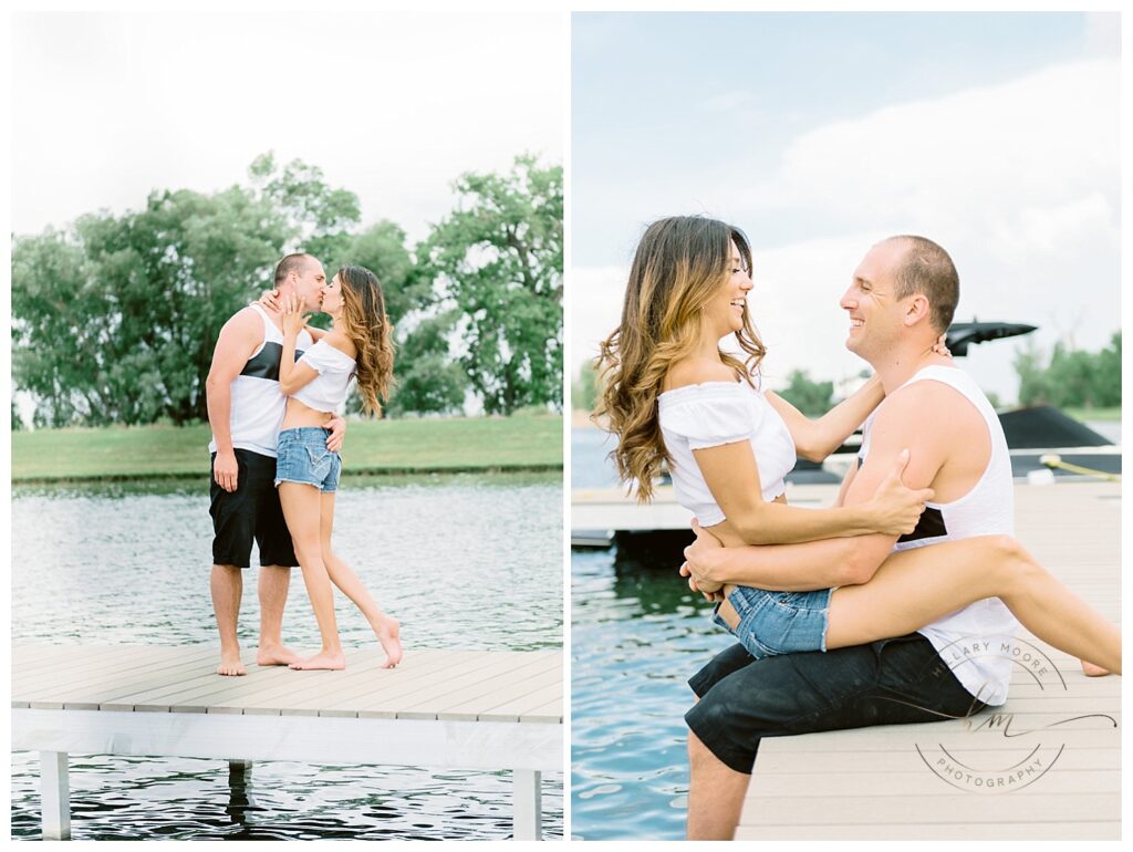 couple kissing on boat dock