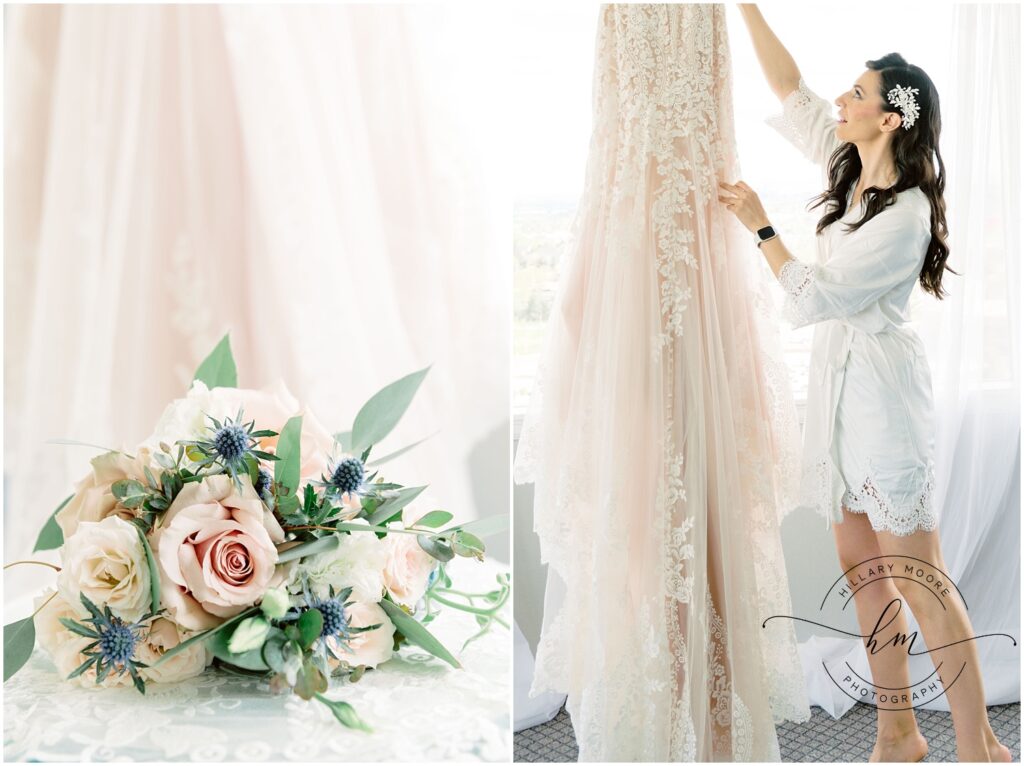 The left picture is a pastel bouquet of flowers. The right picture is the bride in her robe standing next to her hanging wedding dress.