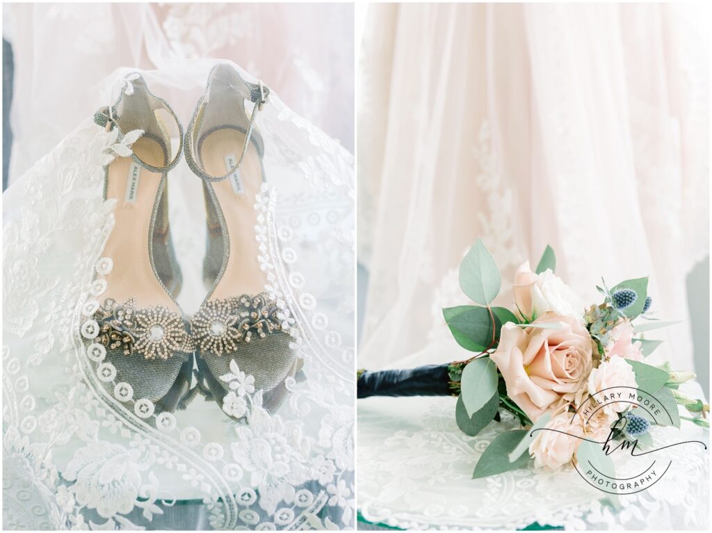 The left photo is of the brides heels with gold and clear gems. The right photo is the bouquet of pastel-colored flowers.