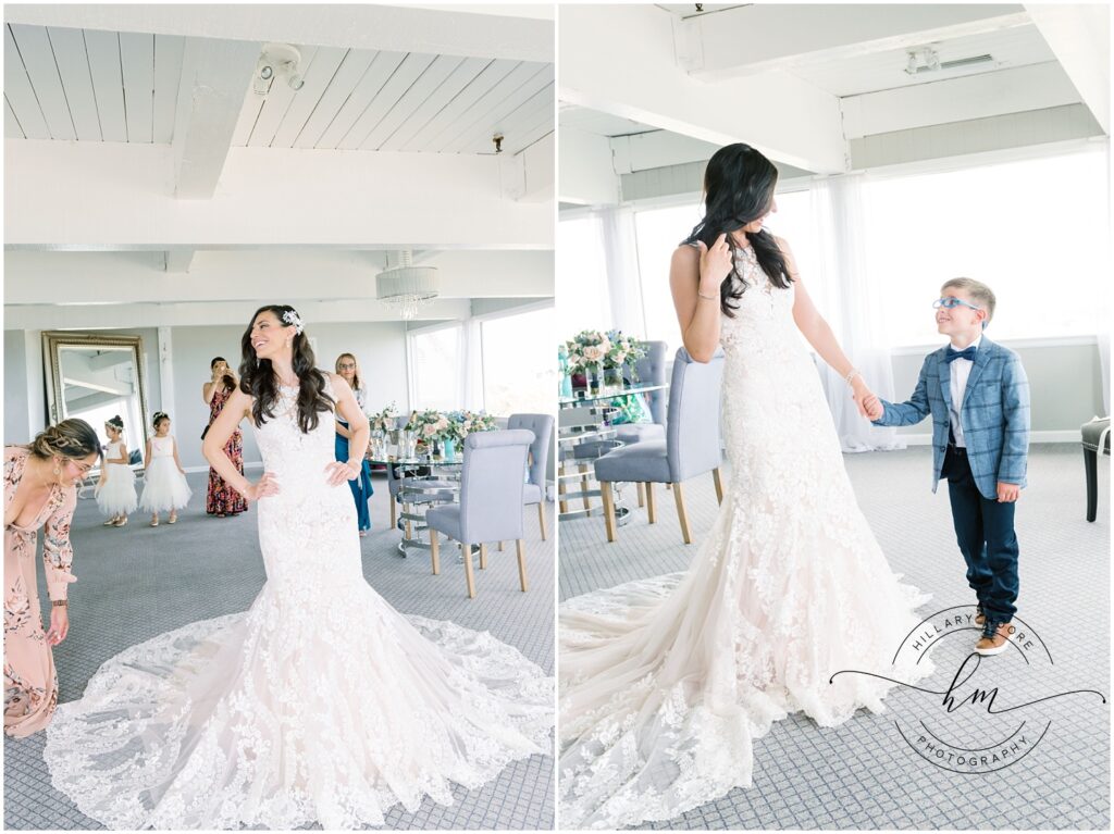 The left photo is of the bride in her dress with it fanned out around her on the ground. The right picture is the bride holding hands and talking to the ring bearer boy.