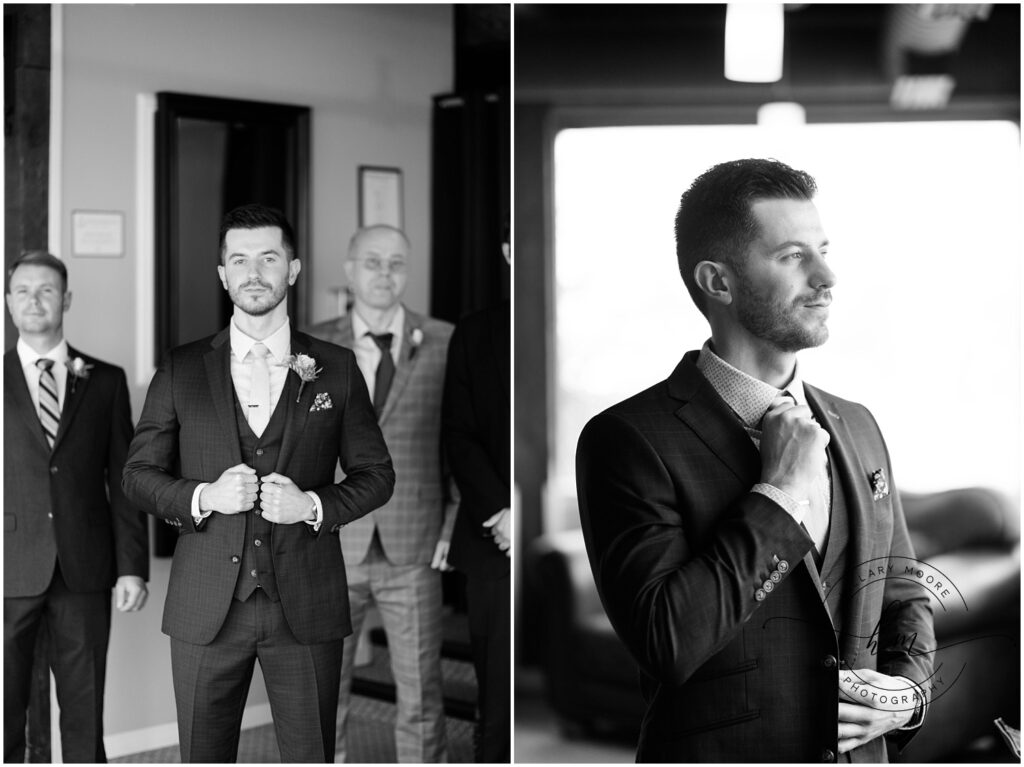 The left photo is of the groom with wedding party members standing behind him. The right photo is of the groom adjusting his tie.