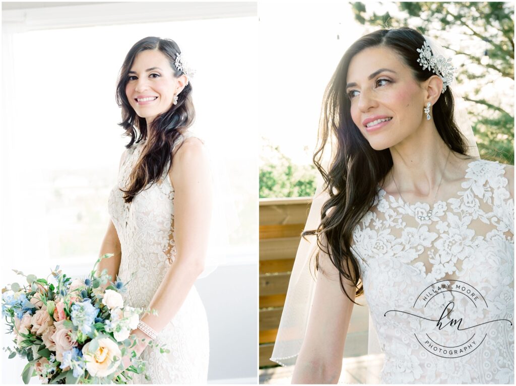 The left photo shows the bride posed with her bouquet of pastel-colored flowers. The right photo is the bride outside.