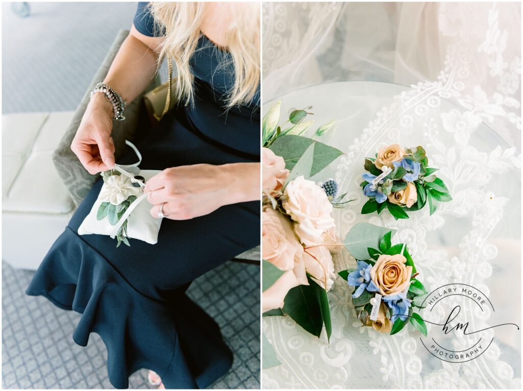 The left photo shows a woman tying the rings to the pillow for the ring bearer to carry. The right photo shows pastel-colored corsages.