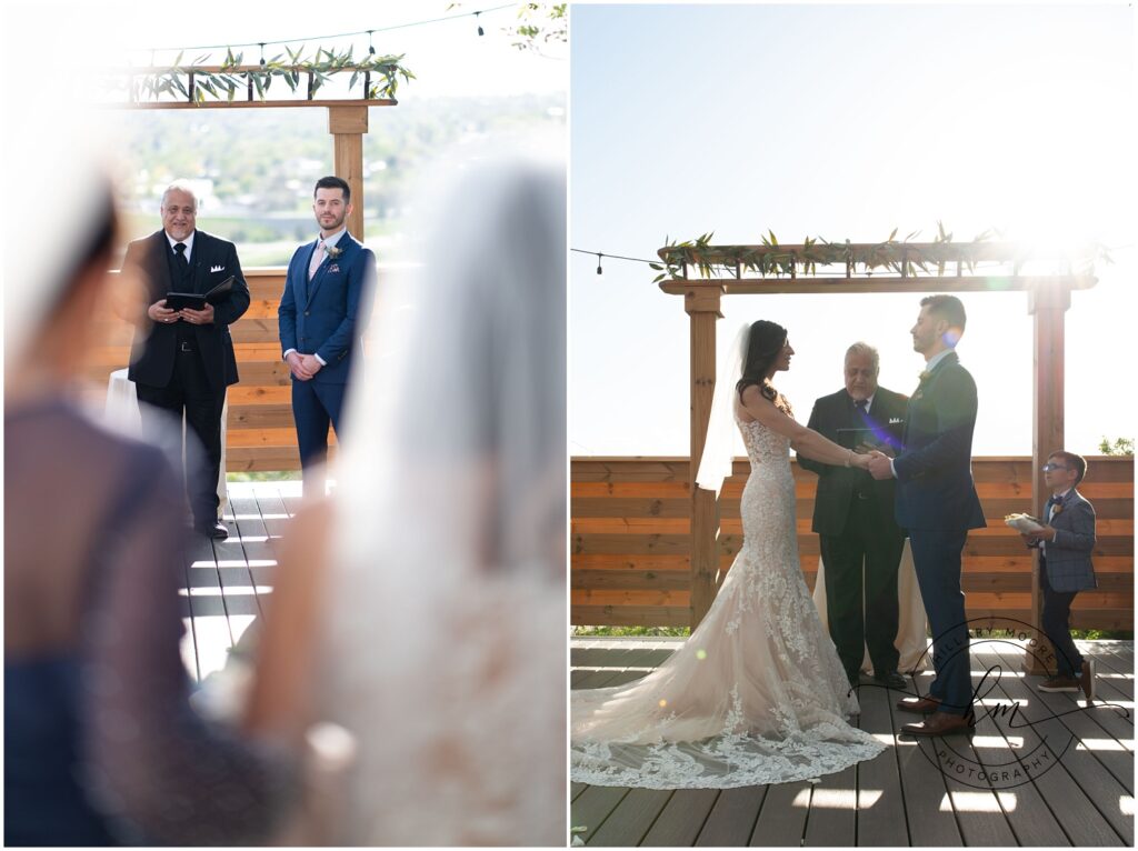 The left photo shows a view of the groom and officiate from behind the bride as she is about to walk down the aisle. The right photo is of the bride and groom holding hands while getting married. The officiate and ring bearer are in the photo as well.