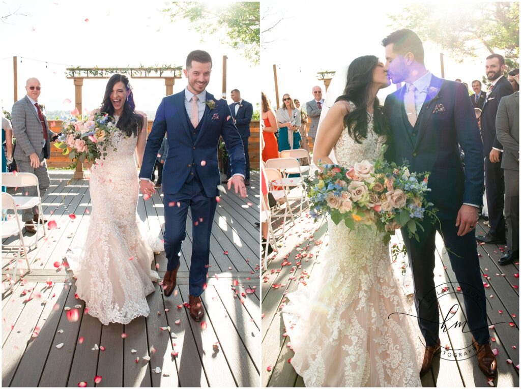 The left image shows the bride and groom smiling and walking down the aisle together as flower pedals fall. The right photo is of the bride and groom kissing at the back of the aisle with everyone watching as they leave.