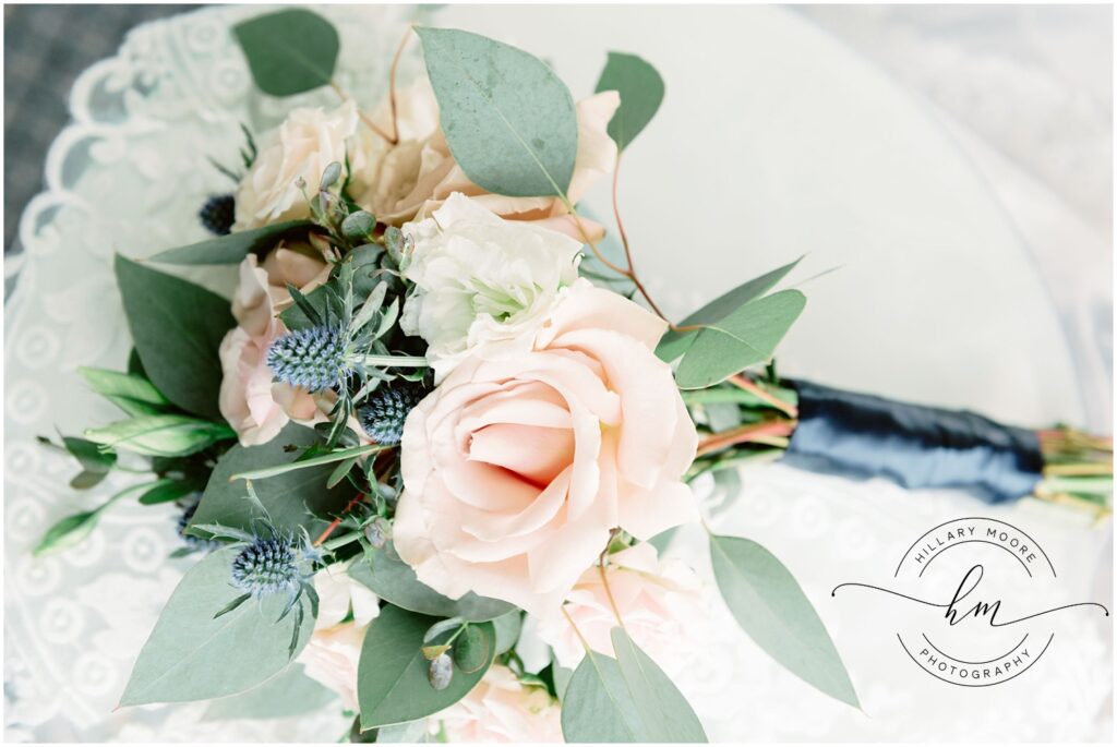 Bouquet of flowers with pink, blue and green.