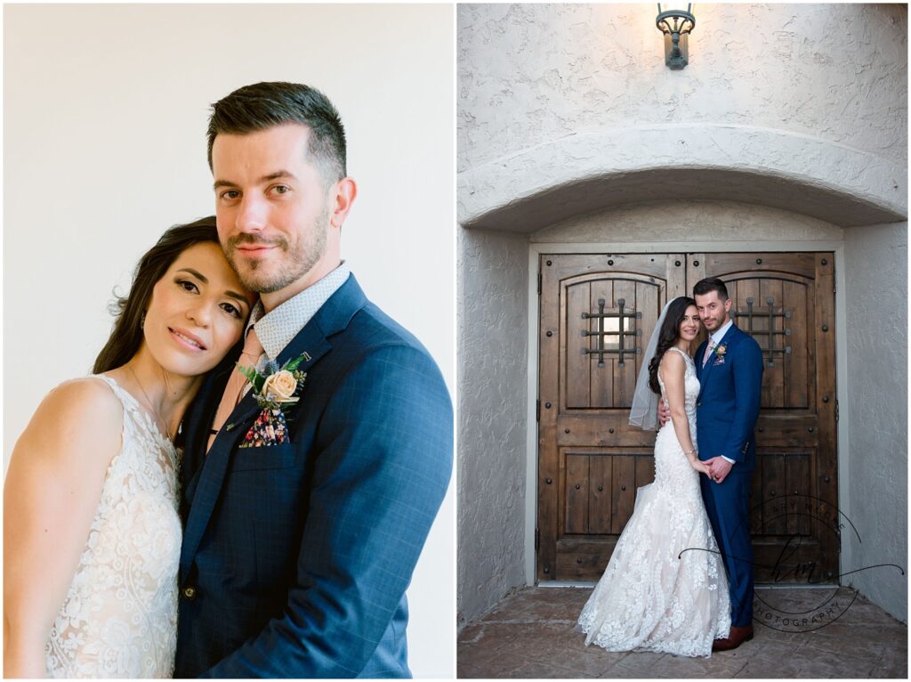 A close up of the bride resting her head on the grooms chest and a photo of the bride and groom holding hands in a doorway arch with wooden doors behind them.