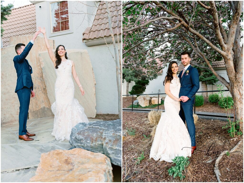 The groom spinning his bride outside and another photo of the bride and groom holding hands under a tree looking at the camera.